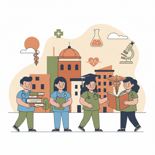 Illustration of top federal universities in Nigeria for medical students, showing a university campus, medical students, and medical instruments.