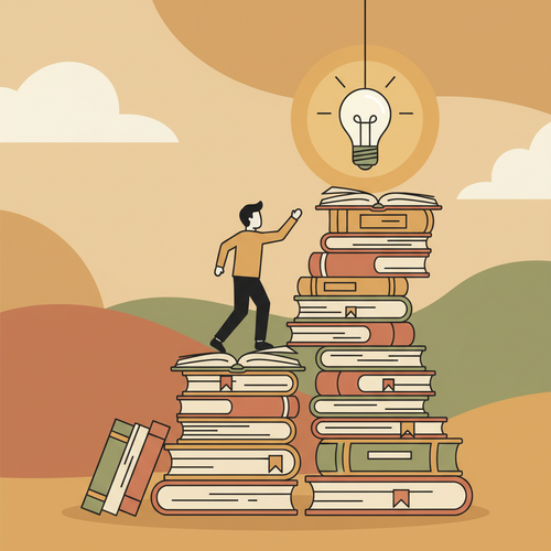 Illustration of a person climbing a ladder made of books, symbolizing gaining free leadership and management skills through online courses.