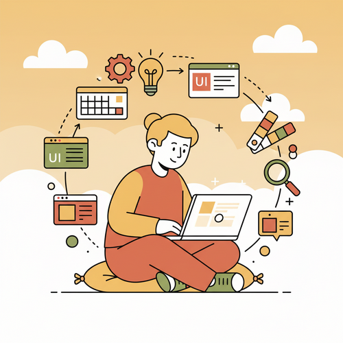 Illustration of a person learning free UX/UI design courses on a laptop, surrounded by design elements.