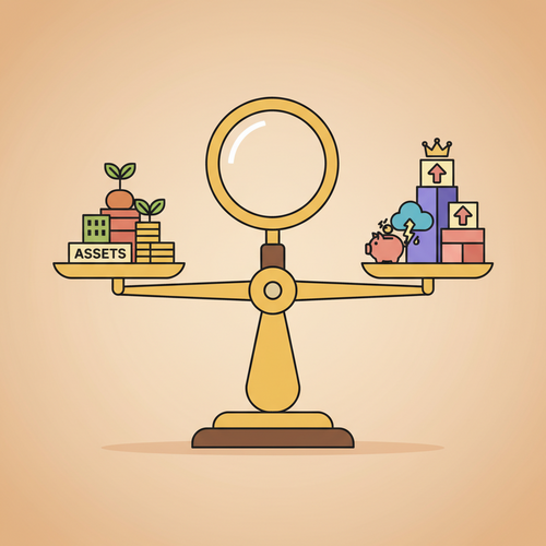 Flat design illustration of a balance scale representing a company's financial health, with assets balancing liabilities and equity, symbolizing understanding balance sheets for non-finance majors.