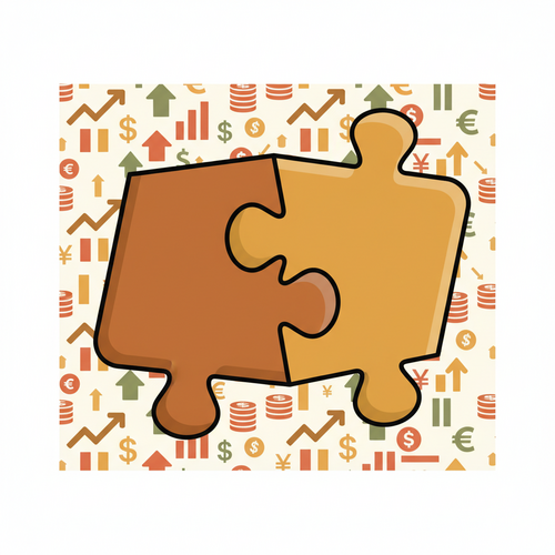 Flat design illustration of two puzzle pieces merging, representing understanding mergers and acquisitions for students.