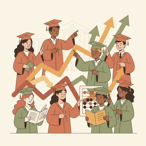 Flat design illustration showing actuarial risk assessment in educational finance, with students, graphs, and financial symbols representing risk mitigation.