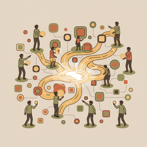 Flat design illustration showing algorithmic underwriting of human capital, with data streams connecting individuals to financial markets and educational debt instruments.