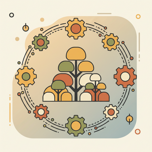 Flat design illustration of algorithmic wealth management protecting generational assets. Gears symbolize algorithmic processes, shielding a family tree and stacked financial assets, representing robust wealth preservation.