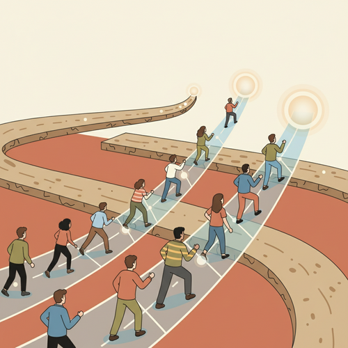 Illustration depicting asymmetric human capital yields through digital academic infrastructures, showing individuals gaining varying returns on skill investment.