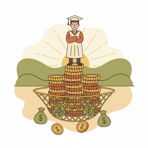 A recent graduate standing on a stack of coins, symbolizing a post-grad emergency fund being built from scratch, with money bags safely secured.