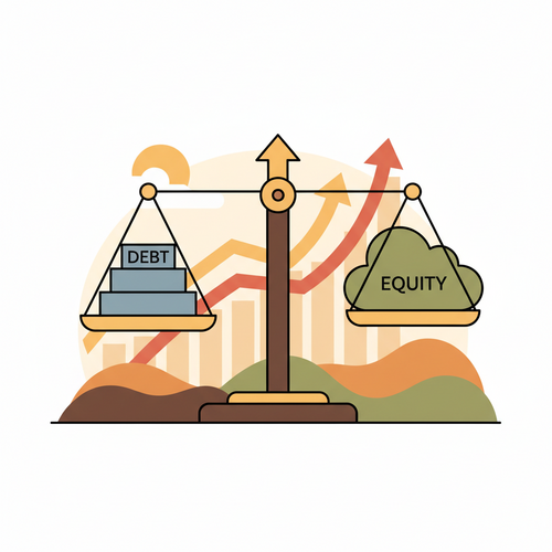 Illustration of a balanced financial scale representing the Weighted Average Cost of Capital (WACC) with debt and equity components, leading to corporate growth charts.