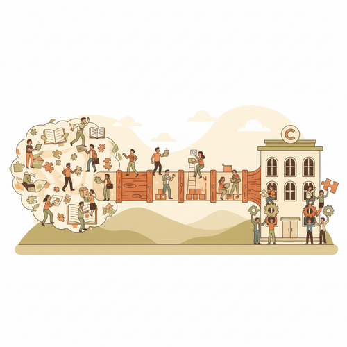 Flat design illustration depicting a corporate talent pipeline optimized through open-source skill acquisition, showing diverse professionals collaboratively building skills.