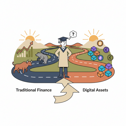 Illustration comparing cryptocurrencies and traditional stocks for finance graduates, highlighting different investment paths and market dynamics.