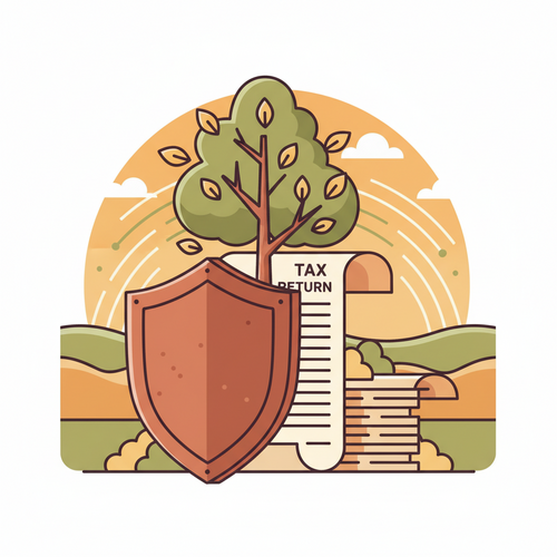 Deflationary Hedging Strategies: Flat design illustration of a shield protecting a growing financial tree within a tax document, representing advanced portfolio structuring against economic downturns.