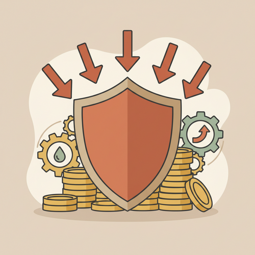 Illustration of deflationary hedging protocols, showing a shield protecting assets from falling prices and efficient micro-liquidity management mechanisms.