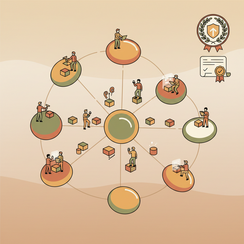 Illustration depicting interconnected nodes of open-access enterprise frameworks, with professionals engaging in collaborative learning, overseen by a competency certification badge, symbolizing skill validation within scalable organizational structures.