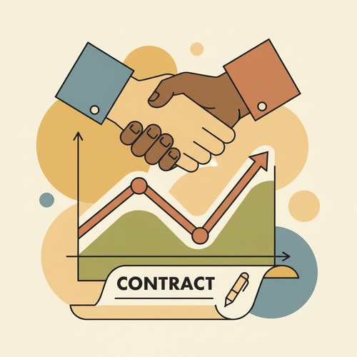 Flat design illustration of two hands shaking over a financial chart, symbolizing a derivatives or futures contract agreement.