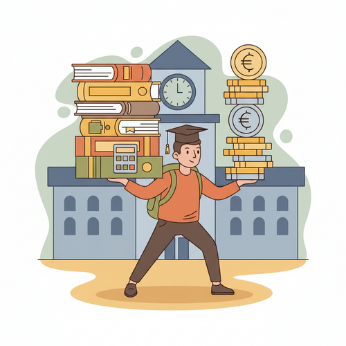 A student balancing college textbooks and a stack of money, symbolizing Federal Work-Study Jobs and financial aid management.