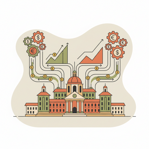 Flat design illustration showing university buildings connected to financial market charts, representing university bond issuance and sovereign yield strategies.