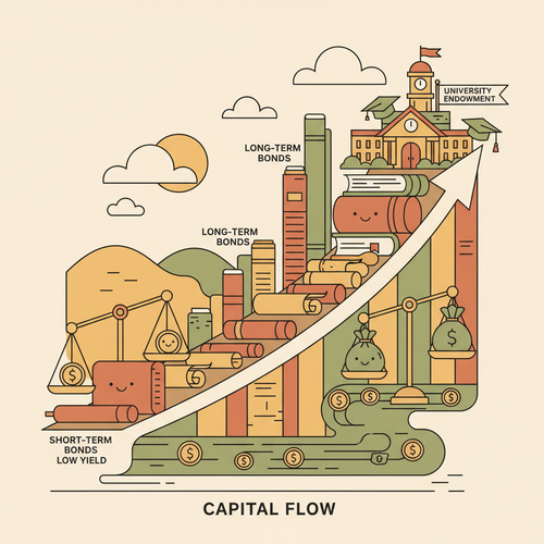 Conceptual illustration of University Debt Yield Curve Arbitrage, depicting a stylized yield curve with educational institution buildings, symbolizing fixed-income debt dynamics.