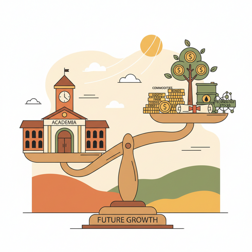 A flat design illustration representing fixed-income university debt issuance and institutional portfolio diversification, showing various financial instruments and a university building balanced on a scale.