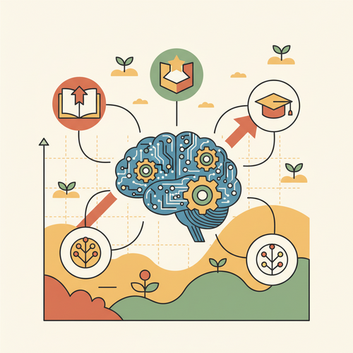 Flat design illustration of a digital brain connecting to online learning platforms, representing a free computer science intro education.