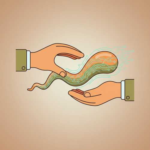 Flat design illustration of hands transferring a stylized asset with algorithmic patterns, representing algorithmic diversification for generational wealth transfer.
