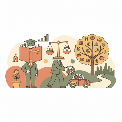 Illustration showing a smooth transition from student checking to adult banking, symbolizing financial growth and maturity.