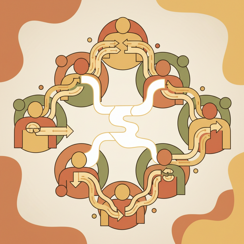 Flat design illustration showing the concept of Income Share Agreements as securitized human capital, with financial flows and connections.