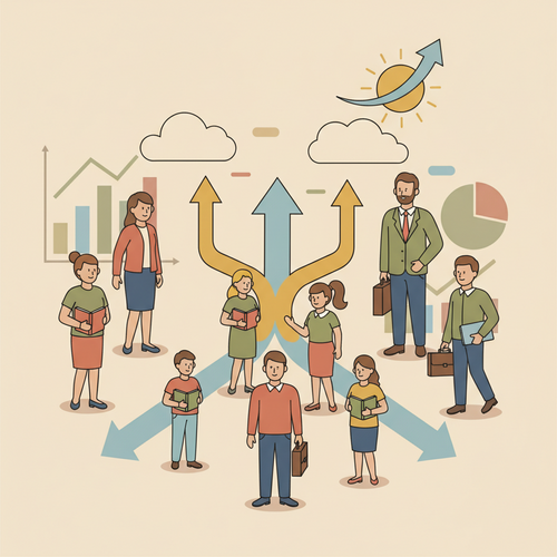 Conceptual illustration of Income Share Agreements as securitized assets, depicting capital flowing into diverse demographic markets and generating financial returns for investors.