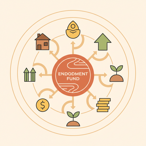 Illustration depicting institutional endowment yield maximization through alternative asset deployment, showing various asset types converging into a robust fund.