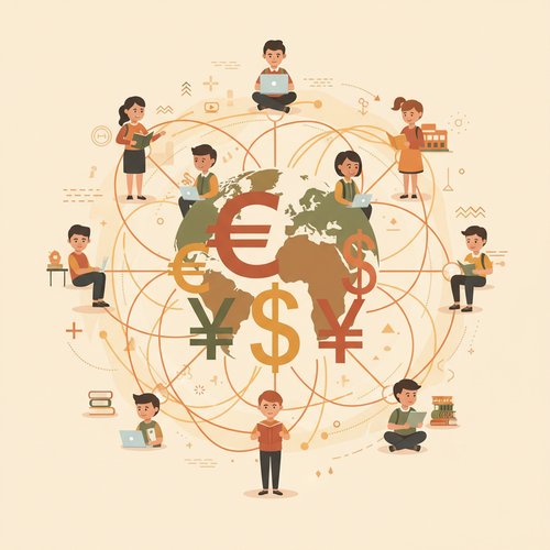 Illustration depicting global financial flows for education, symbolizing institutional subsidization models and cross-border educational lending