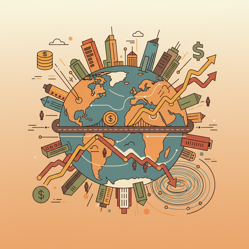 Flat design illustration of global tertiary infrastructure, including data centers and hospitals, with financial charts demonstrating the macroeconomic analysis of capitalization rates.