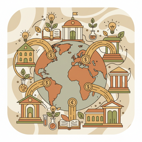 Illustration depicting macroeconomic capital deployment supporting academic research and global innovation yields, featuring financial symbols and research elements.