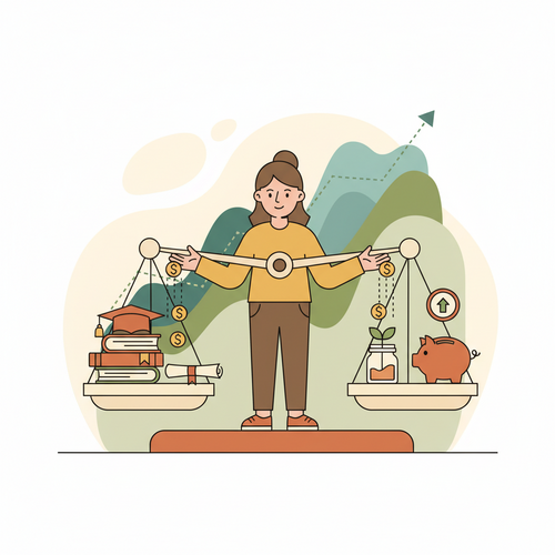Flat design illustration of an individual balancing educational investment and financial asset allocation, representing microeconomic capital allocation and wealth preservation.