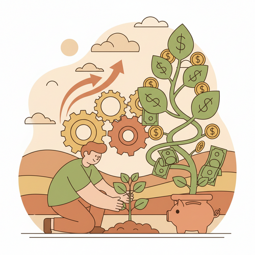 Conceptual illustration depicting Microeconomic Yield Optimization and Graduate Asset Accumulation Strategies, showing a person cultivating a growing financial portfolio.