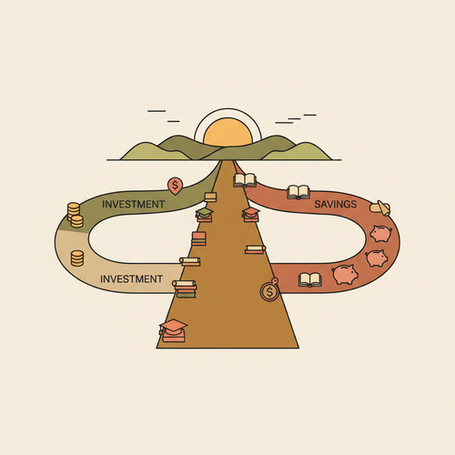 Illustration of two different pathways, one representing merit-based scholarships and the other need-based scholarships, merging into a larger road leading to a graduation cap, symbolizing comprehensive college funding.