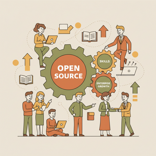 Illustration of open-source academic frameworks driving enterprise skill acquisition and human capital growth.