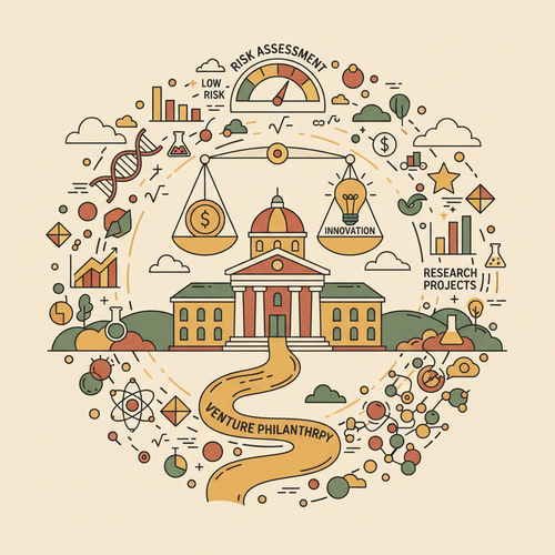 Illustration showing quantitative risk assessment in academic venture philanthropy, with data analysis symbols overlaying university buildings and financial charts.