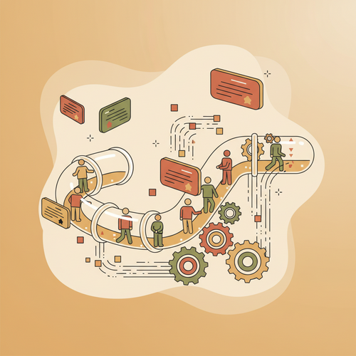 Flat design illustration of scalable certification protocols optimizing a corporate talent pipeline, featuring digital badges and data flow.