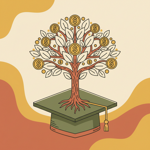 Illustration of a graduation cap with money growing into a tree, symbolizing smart ways to invest graduation money for future growth.