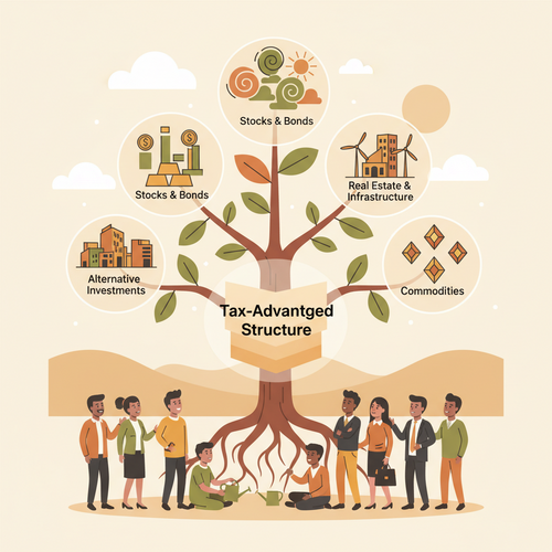 Flat design illustration showing diverse financial assets, including stocks, bonds, and real estate, growing within clear, structured containers labeled as tax-advantaged accounts, representing Tax-Optimized Portfolio Diversification for academics.