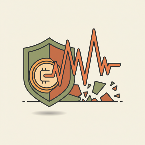 Illustration showing cryptocurrency regulation and risk, with a digital coin, a shield for protection, and a volatile graph.