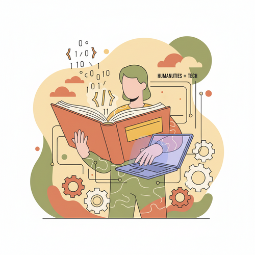 Illustration of a humanities major transitioning to tech, highlighting free coding bootcamps for career change.