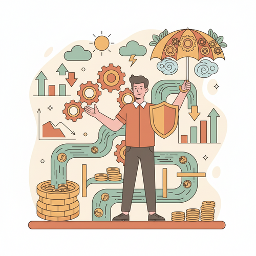 Illustration of transactional liquidity management and deflationary hedging for post-secondary demographics, showing financial stability.