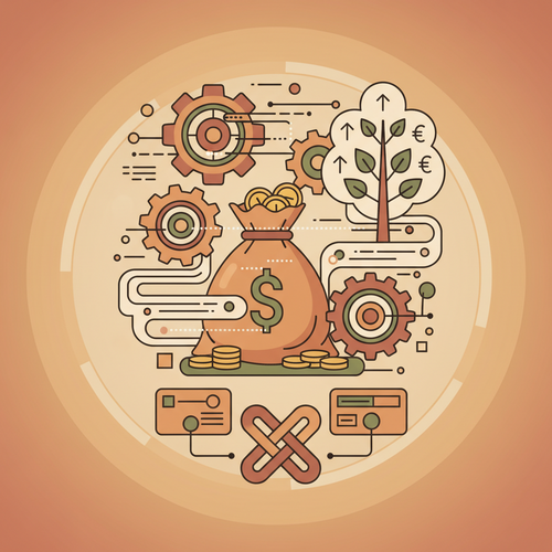 Flat design illustration of algorithmic endowment management, showing data streams and gears optimizing a large fund for institutional investing.