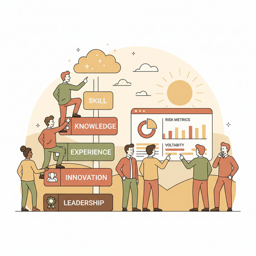 An illustration depicting Corporate Training Portfolio De-Risking, showing professionals acquiring diverse skills and managers monitoring risk indicators.