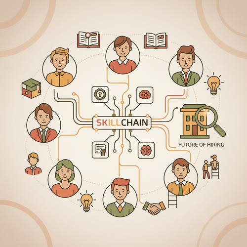 Decentralized Talent Pipelines illustration showing blockchain nodes validating professional skills within an enterprise learning network.