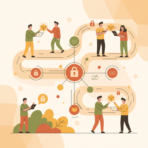 Flat design illustration showing interconnected digital nodes and flowing data streams, symbolizing Decentralized Knowledge Protocols and their role in corporate competency arbitrage.