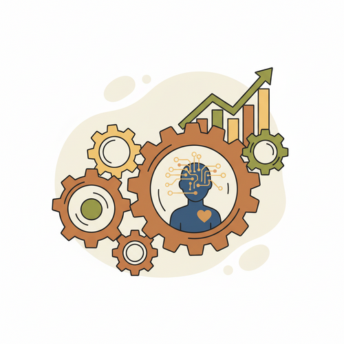 Flat design illustration of financial gears and data streams surrounding a human silhouette, symbolizing derivative structuring of income share agreements for human capital monetization.