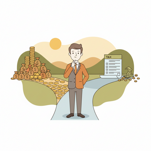 A flat design illustration depicting early career tax optimization strategies leading to significant asset accumulation and wealth growth.