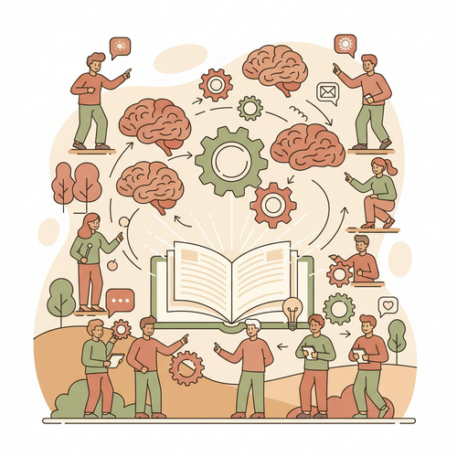 Illustration showing open-source enterprise skill development with diverse professionals collaboratively learning from a shared digital framework, symbolizing knowledge acquisition and talent upskilling.
