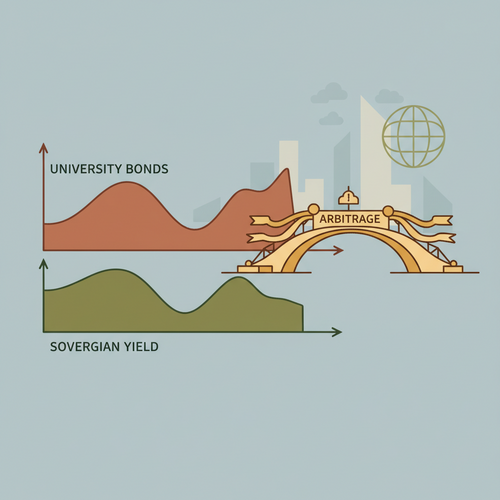 Flat design illustration showing university bonds and sovereign yield curves, depicting the concept of university bond yield arbitrage and market discrepancies.
