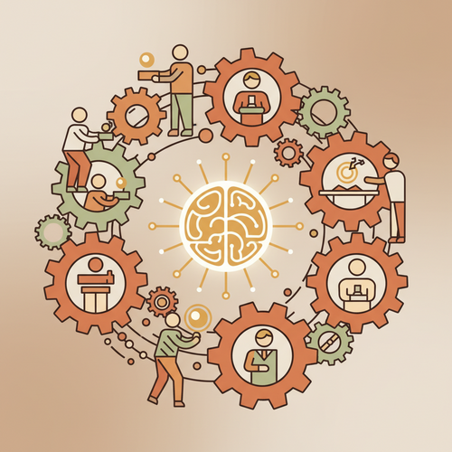 Flat design illustration showing global connectivity and shared knowledge, representing democratizing corporate training frameworks.